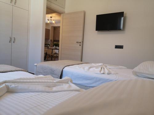 two beds in a room with a tv on the wall at SUNNY HOLIDAYS APARTMENT in Kremasti