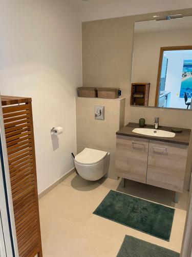 W łazience znajduje się toaleta, umywalka i lustro. w obiekcie BLUEBAY2 Bandol Appartement T2 Face à la mer w mieście Bandol