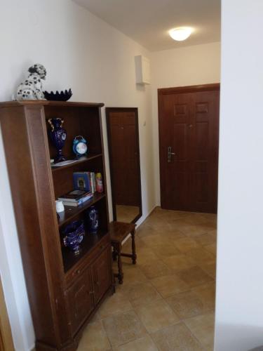 een woonkamer met een boekenplank en een deur bij Apartman S Igalo in Herceg-Novi