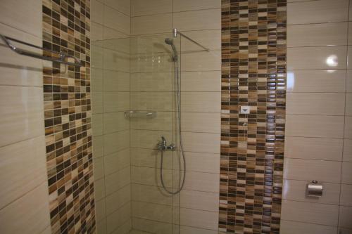 La salle de bains est pourvue d'une douche avec une porte en verre. dans l'établissement Александра Палас, à Kranevo