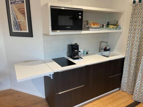une cuisine avec un comptoir avec un évier et un micro-ondes dans l'établissement Appartement 160m2 - 2e étage maison de maître, à Beaupréau