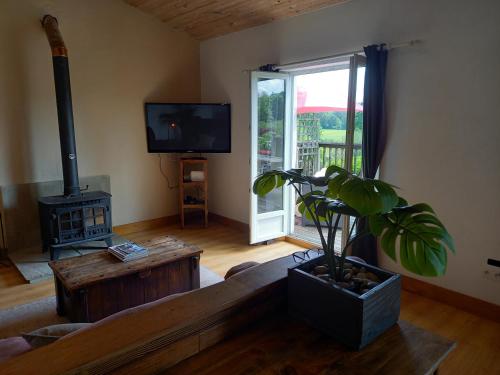a living room with a couch and a wood stove at La Gasteboisiere with swimming pool and games room in Le Mesnil-Adelée