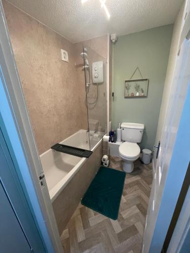 a bathroom with a bath tub and a toilet at The Nest, Livingston in Livingston