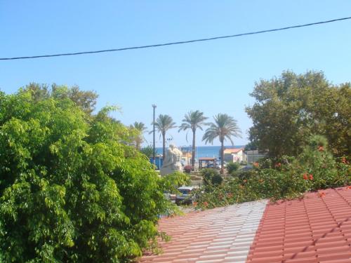 a view of a tile roof with palm trees and a statue at Omiros in Faliraki