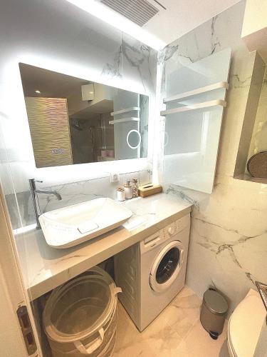 une salle de bain avec un lavabo et une machine à laver dans l'établissement STUDIO PALM BEACH CANNES, à Cannes