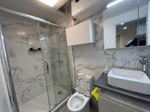 uma casa de banho com um chuveiro, um WC e um lavatório. em Maisonette de 25m2 à la porte de Paris em Gentilly