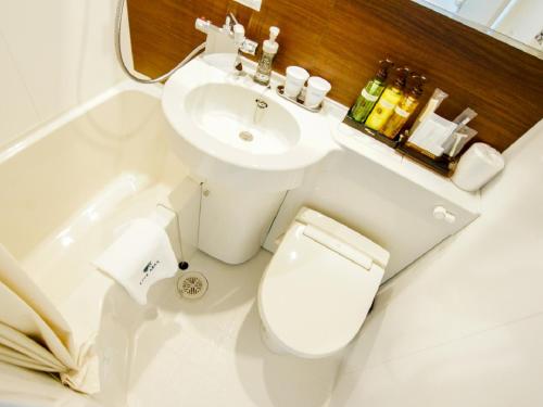 a bathroom with a white toilet and a sink at HOTEL LiVEMAX Gifu Hashima Ekimae in Hashima