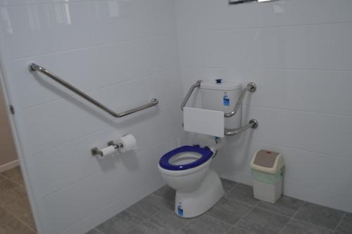 a bathroom with a toilet with a blue seat at Monte Carlo Motor Inn in Townsville