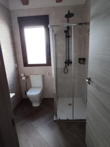a bathroom with a shower with a toilet and a window at La Panera in San Pascual