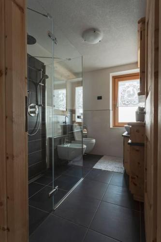 a bathroom with a glass shower and a sink at NUOVISSIMO appartamento a due passi da Bormio! in Valfurva