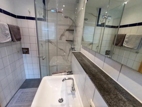 テットナングにあるBodenSEE Apartment Tettnang APFELLIEBEの白いバスルーム(シャワー、シンク付)