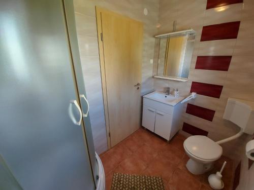 a bathroom with a white toilet and a sink at Apartments Marija 2 in Draga Bašćanska