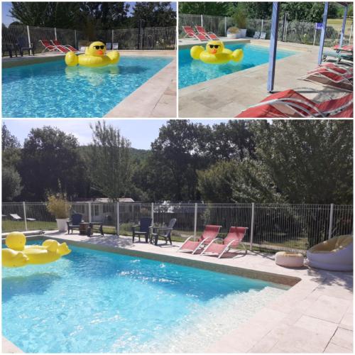 une piscine avec un canard en caoutchouc dans l'eau dans l'établissement Luxe safarilodgetent met boxspring bedden, à Montcléra