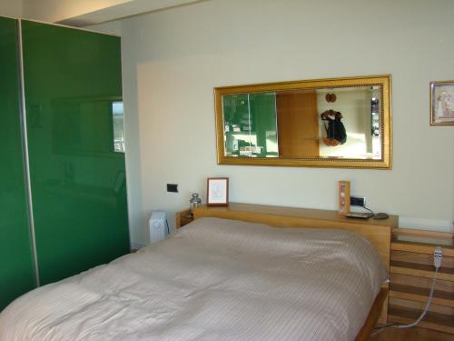 1 dormitorio con cama y pared verde en Can Clapa, en Les Borges del Camp