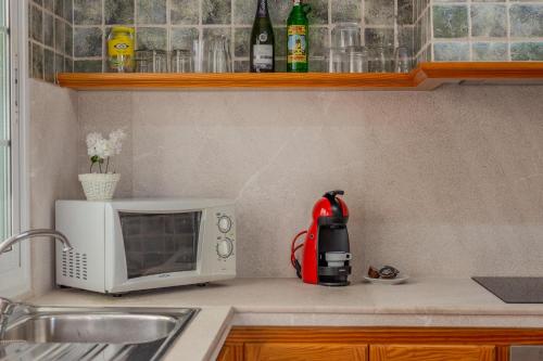 a kitchen counter with a microwave and a coffee maker at Racó Blau in Cap d'en Font
