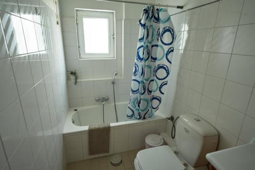 łazienka z wanną, toaletą i zasłoną prysznicową w obiekcie Μονοκατοικία στο κέντρο με τζάκι w mieście Patras