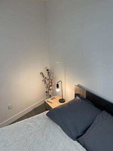 una camera con letto e lampada su comodino di Logement entier : Studio neuf avec jardin a Vallauris