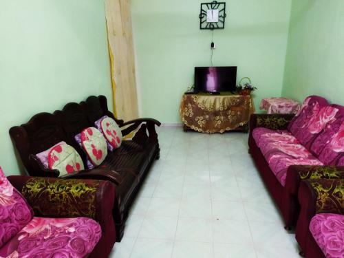 HOMESTAY UMI KODIANG في Kodiang: غرفة معيشة مع كنبتين وتلفزيون