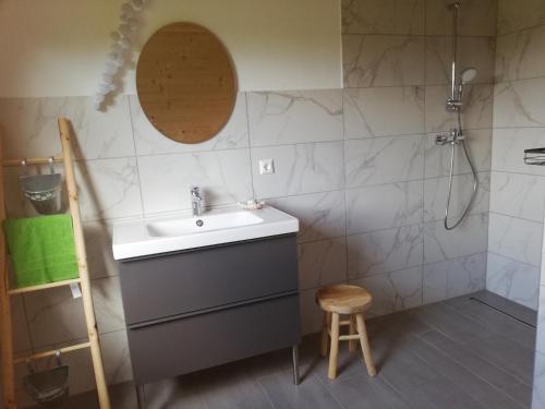 een badkamer met een wastafel, een douche en een kruk bij Auszeit Steinbauer in Magdalensberg