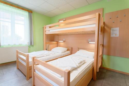 two bunk beds in a room with green walls at Radfahrerherberge Krems in Krems an der Donau