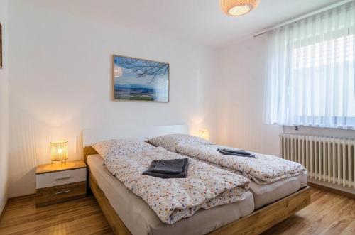 une chambre avec deux lits et une fenêtre dans l'établissement Ferienwohnung zum Hecht, à Überlingen