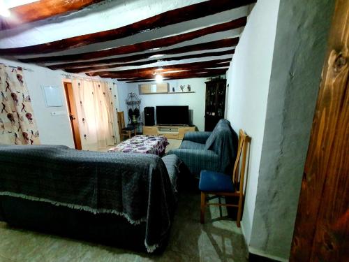 ein Schlafzimmer mit einem Bett, einem Sofa und einem TV in der Unterkunft Cortijo Alba in Vélez-Blanco