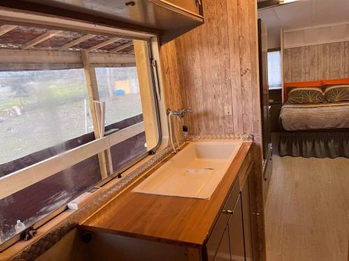 La salle de bains est pourvue d'un lavabo et d'une fenêtre dans un train. dans l'établissement La Caravane LE NID DOUILLET, à Ponte-Leccia