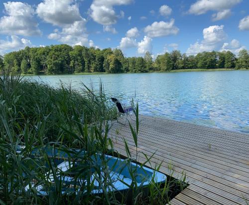 a bird standing on a dock near a lake at Między Wodami - domki na Mazurach in Mikołajki