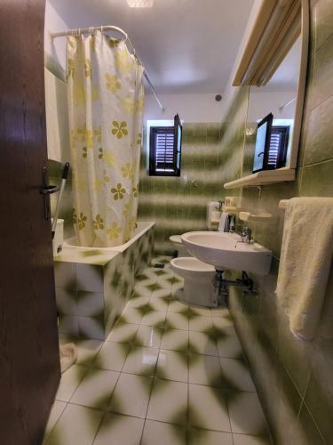 uma casa de banho com um lavatório, um WC e um chuveiro em Salkić Apartman em Fažana