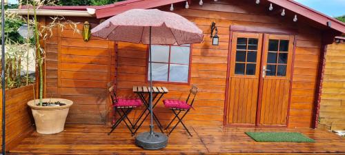 a small house with two chairs and an umbrella at Le Chalet des Dany in Saint-Mamert-du-Gard