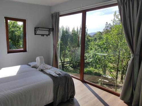 a bedroom with a bed and a large window at Cabañas Mirador de Ézaro in Arcos