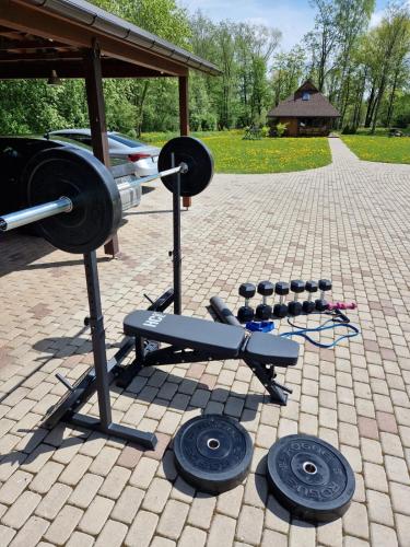 a row of dumbbells sitting on the ground at UpeNes in Lubāna