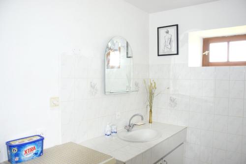 a white bathroom with a sink and a mirror at Maison charismatique à Saint-Germier avec jardin clôturé. in Saint-Germier