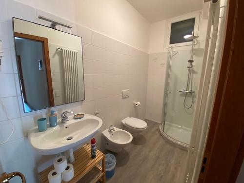 マルチェージネにあるAppartamento Randaのバスルーム(洗面台、トイレ、鏡付)