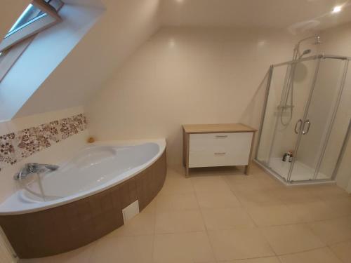 a bathroom with a large tub and a shower at Apartament GórnyŚląsk blisko jeziora - 120qm - 3 sypialnie z parkingiem i klimatyzacją - Flat UpperSilesia with Parking & air conditioning - Ferienwohnung OberSchlesien mit 3 Schlafzimmern inklusive Parkplatz und Klima - Nähe Badesee und Sandstrand in Niewiesze