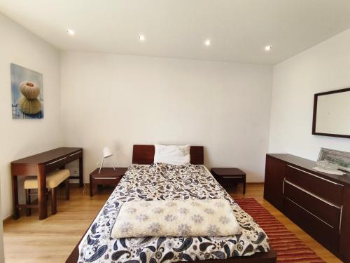 a bedroom with a bed and a desk at Apartament GórnyŚląsk blisko jeziora - 120qm - 3 sypialnie z parkingiem i klimatyzacją - Flat UpperSilesia with Parking & air conditioning - Ferienwohnung OberSchlesien mit 3 Schlafzimmern inklusive Parkplatz und Klima - Nähe Badesee und Sandstrand in Niewiesze