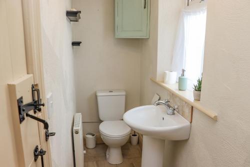 a small bathroom with a toilet and a sink at Cob Cottage in Tomhaggard