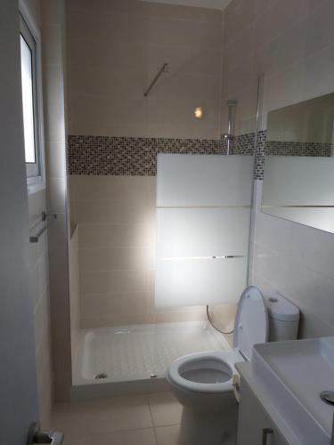 a white bathroom with a toilet and a shower at The Anemoni 5 Villa in Protaras