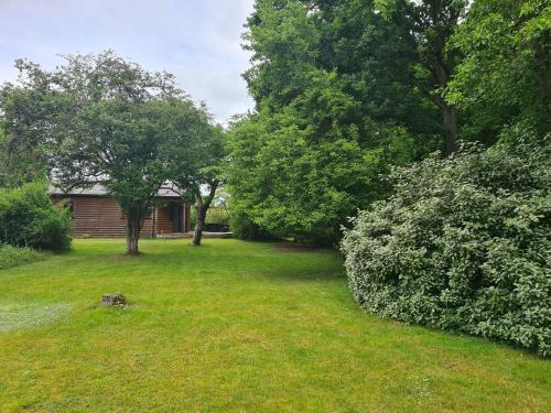 a yard with green grass and trees and a house at The Reading chalet with gardens and koi pond in Reading
