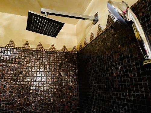 a shower in a bathroom with brown tiles at Chambres d'hôtes - Le Nador in Meurchin