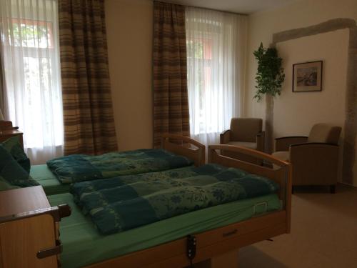 1 dormitorio con 1 cama con edredón verde en Heiterer Blick am Malerweg Pirna en Pirna