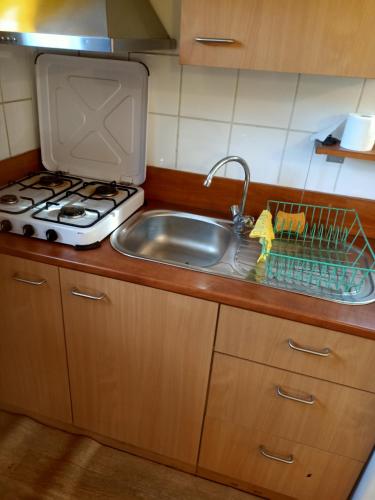 a kitchen with a sink and a stove at le bateau sur lac privé de 2 hectares poissonneux au milieu des bois in Florennes