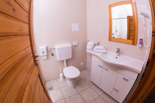 La salle de bains est pourvue de toilettes, d'un lavabo et d'un miroir. dans l'établissement Depandansa Bor**, à Ankaran