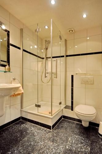 a bathroom with a shower and a toilet and a sink at Wildkräuter-Gasthof Linde in Löffingen