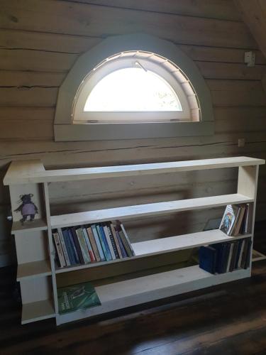 a book shelf in a room with a window at Amatų kalnelis in Anykščiai