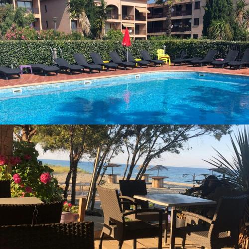 - une piscine avec des chaises et une table et l'océan dans l'établissement Joli T2 les pieds dans l’eau , piscine tennis...., à San-Nicolao