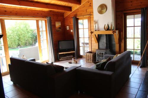 a living room with couches and a fireplace at De Genten 1, vakantiewoning met jacuzzi in Ermelo