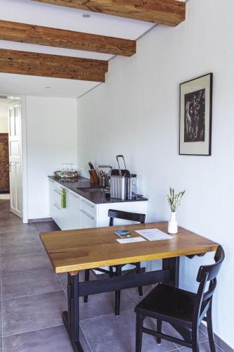 a kitchen with a wooden table and chairs in a room at Goldberg Appartement in Krems an der Donau