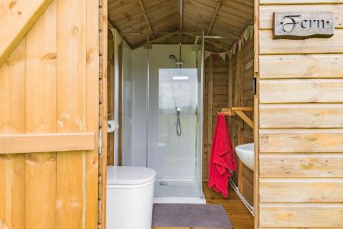 a bathroom with a toilet and a shower in a house at Moss Shepherd's Hut by Bloom Stays in Egerton