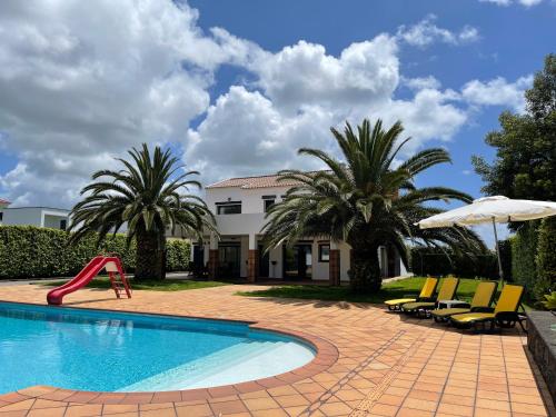 a pool with chairs and an umbrella and palm trees at Green House in Ponta Delgada